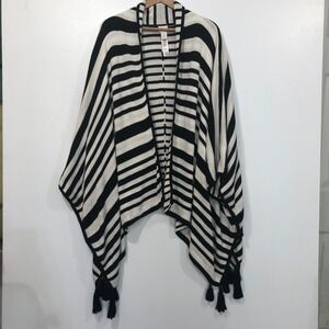 Chico's Striped Poncho Open‎ Front Tassel Hem Shawl Cape OS